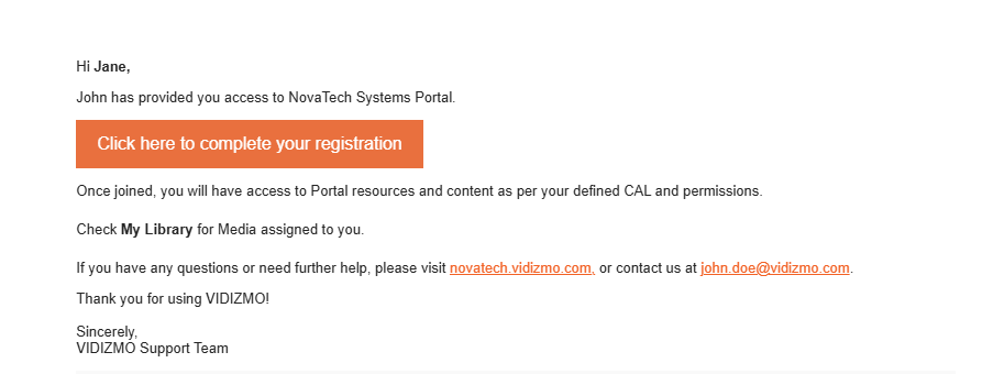 Registration email with completion link